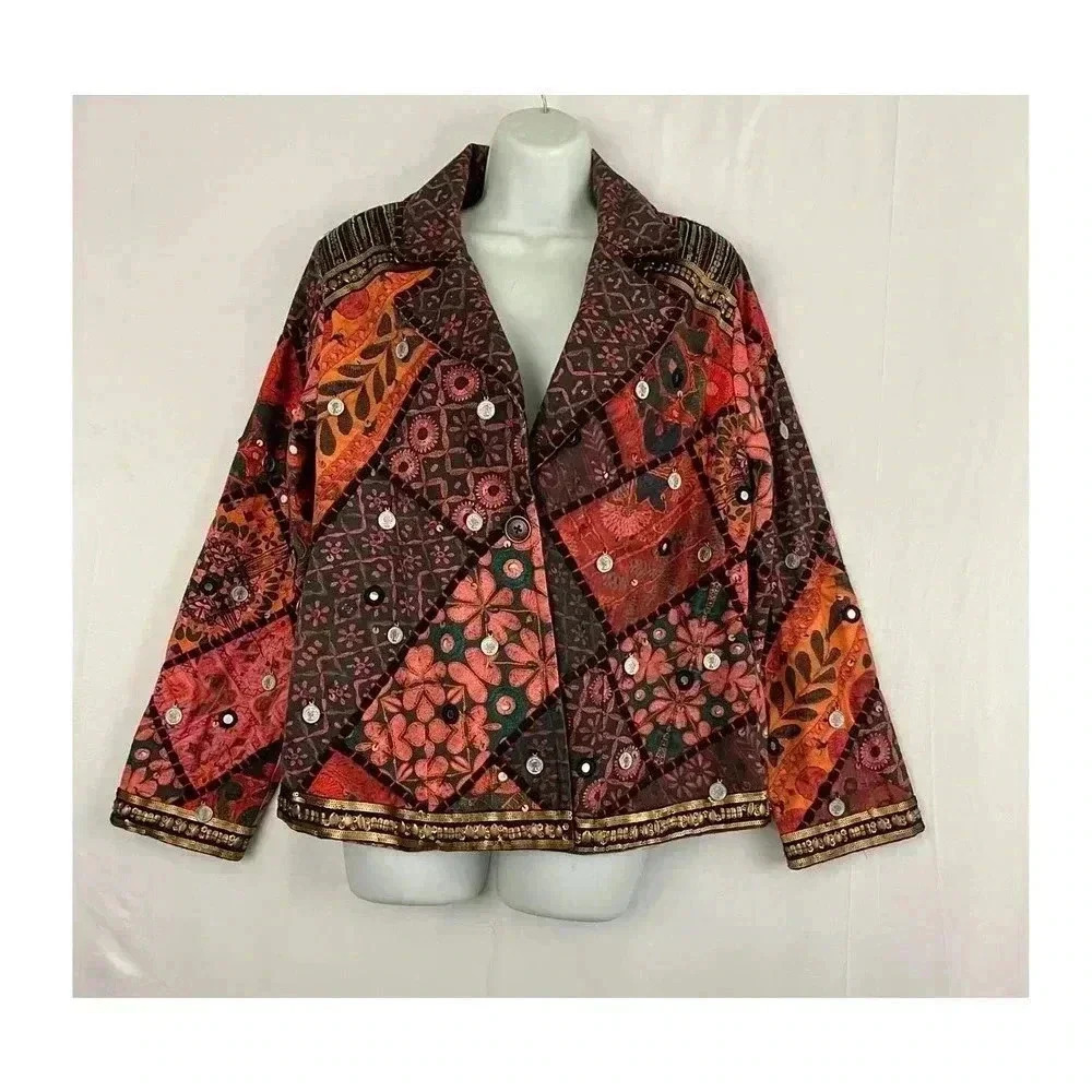Soft Surroundings Berber Jacket Coin‎ Blazer LARGE Womens Multicolor 100% Cotton